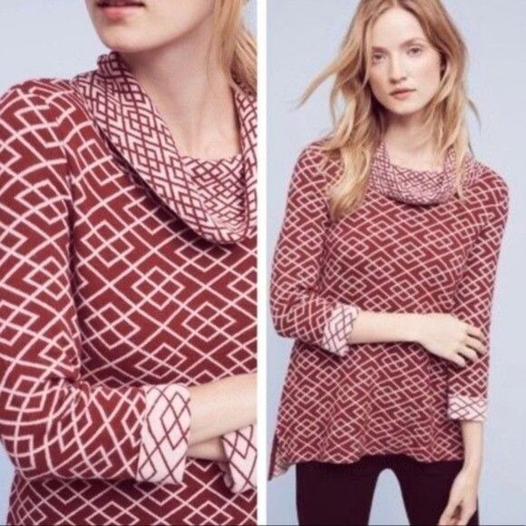 Anthropologie Moth Large Galena Sweater Red Cream Geometric Cowl Neck Alpaca - Picture 1 of 12